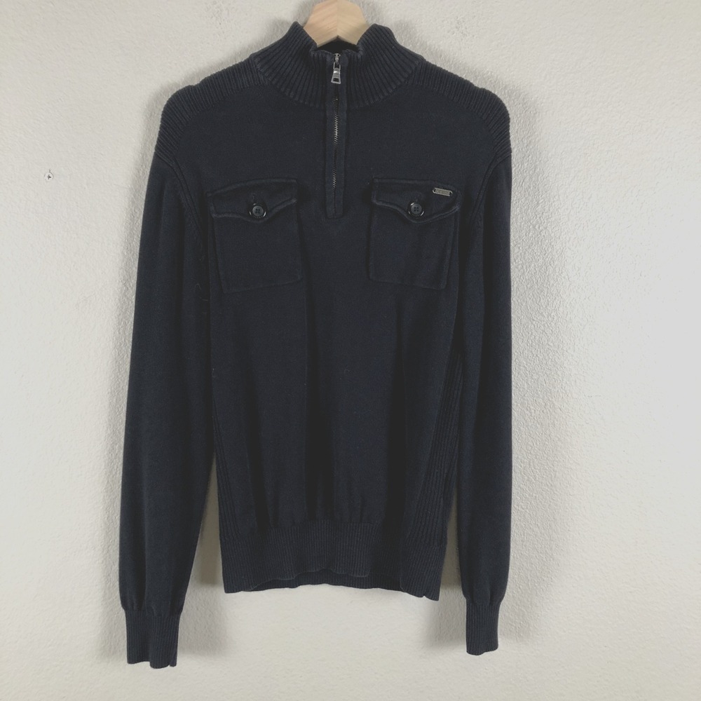 Guess Sweater Men Large Black Knit Utility Slim Classic Outdoor Gorpcore Staple